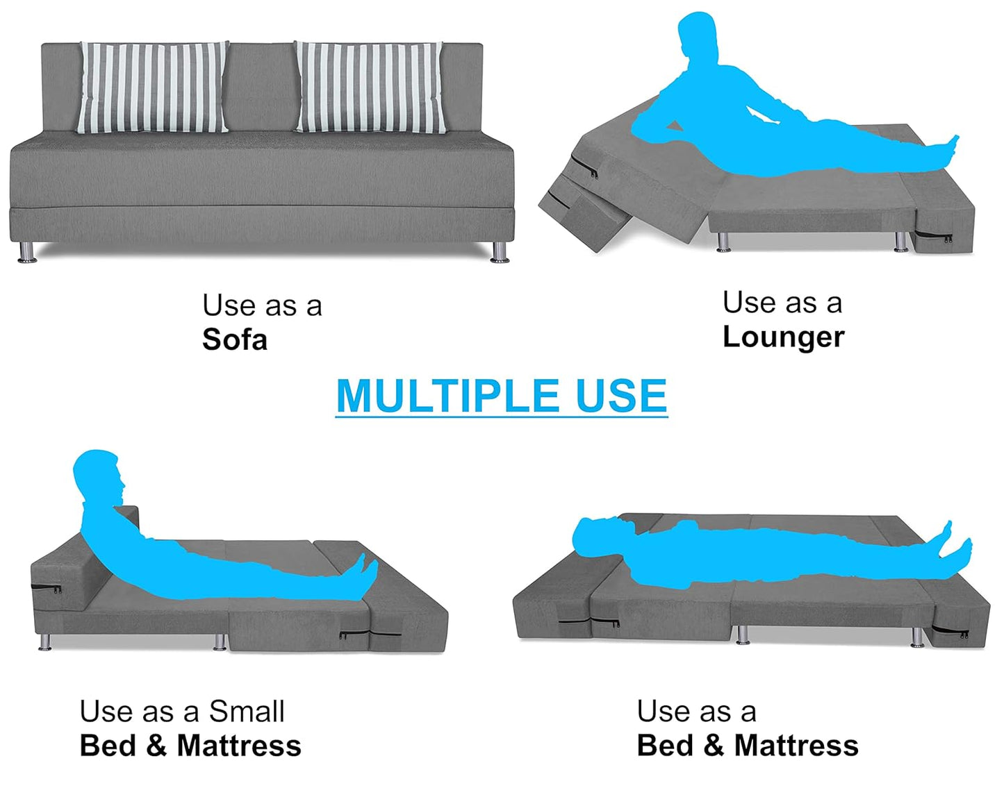 Adorn India Easy Alyn Plus Stripes 4 Seater Sofa Cum Bed (6x6, Grey) (Wood) (1 Year Warranty)