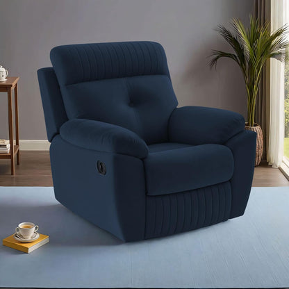 Adorn India Premium Majestic 1 Seater Recliner Manual Sofa Chair | Blue Suede Velvet Fabric | Soft Padded Back Rest & Handrest | Living Room Recliner Chair | 3 Years Warranty
