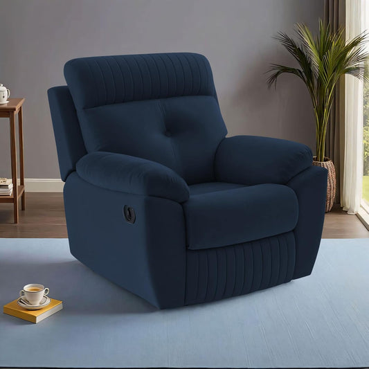 Adorn India Premium Majestic 1 Seater Recliner Manual Sofa Chair | Blue Suede Velvet Fabric | Soft Padded Back Rest & Handrest | Living Room Recliner Chair | 3 Years Warranty