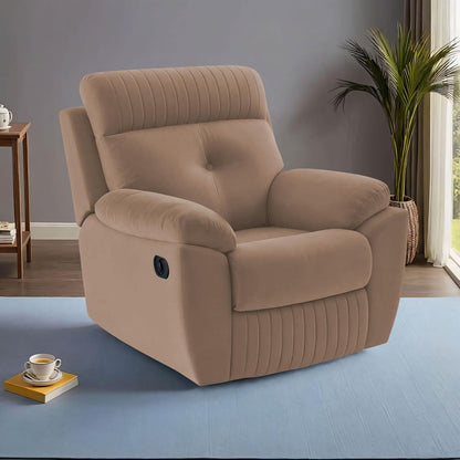 Adorn India Premium Majestic 1 Seater Recliner Manual Sofa Chair | Beige Suede Velvet Fabric | Soft Padded Back Rest & Handrest | Living Room Recliner Chair | 3 Years Warranty