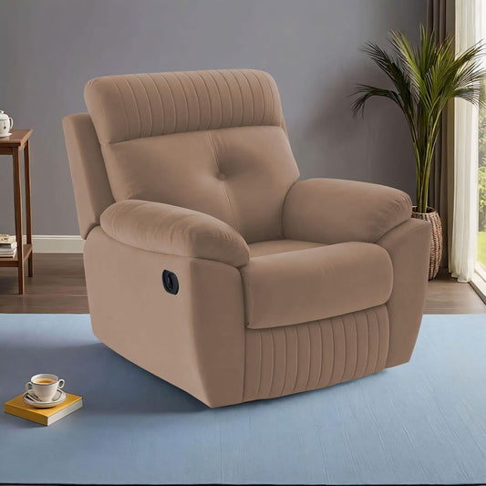 Adorn India Premium Majestic 1 Seater Recliner Manual Sofa Chair | Beige Suede Velvet Fabric | Soft Padded Back Rest & Handrest | Living Room Recliner Chair | 3 Years Warranty