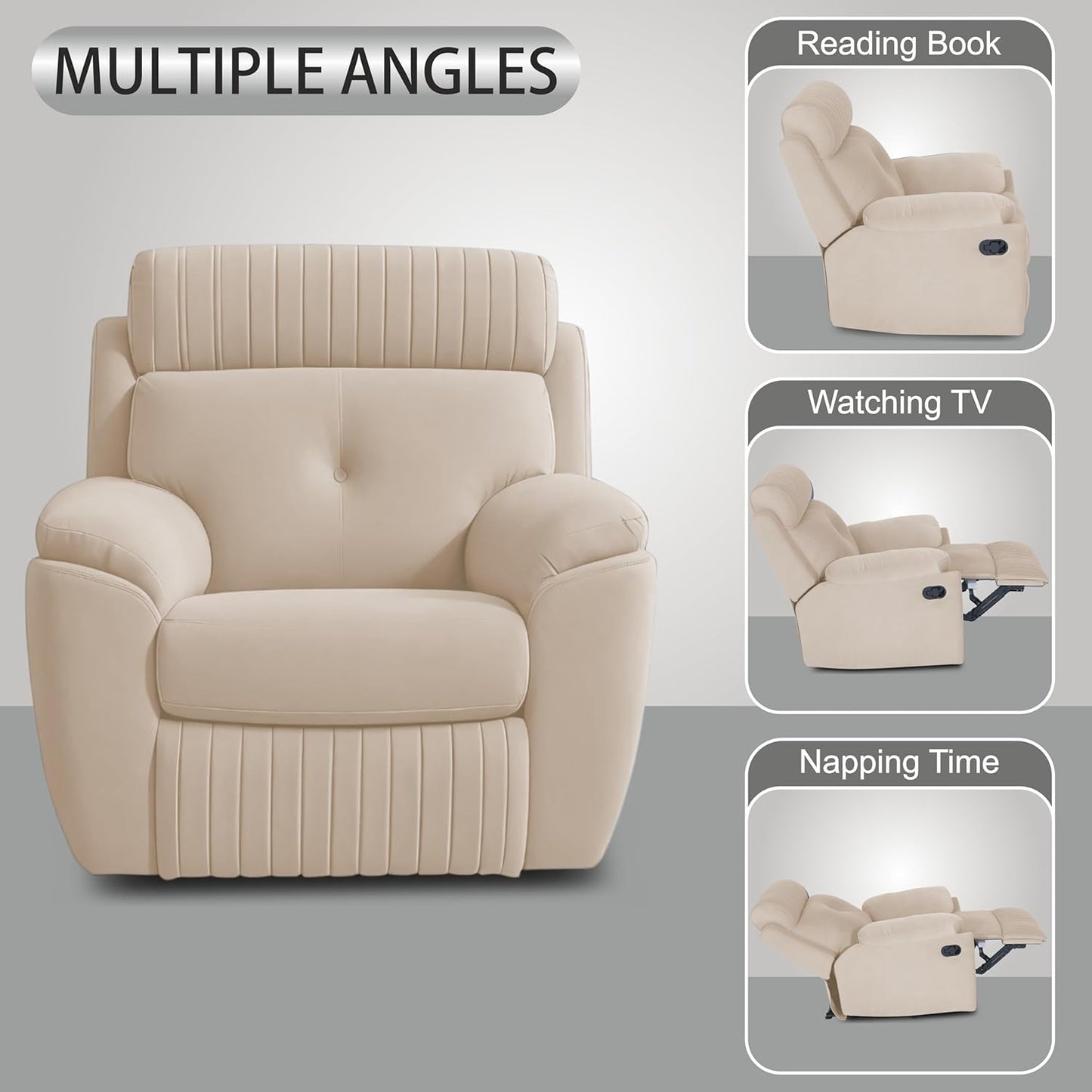 Adorn India Premium Majestic 1 Seater Recliner Manual Sofa Chair | Cream Suede Velvet Fabric | Soft Padded Back Rest & Handrest | Living Room Recliner Chair | 3 Years Warranty