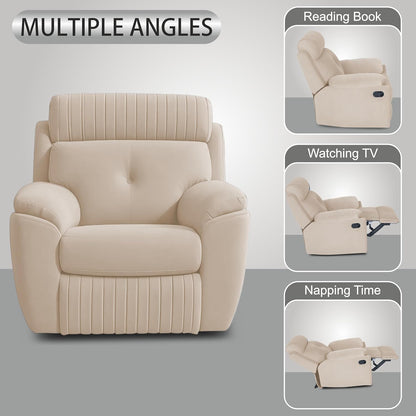 Adorn India Premium Majestic 1 Seater Recliner Manual Sofa Chair | Cream Suede Velvet Fabric | Soft Padded Back Rest & Handrest | Living Room Recliner Chair | 3 Years Warranty