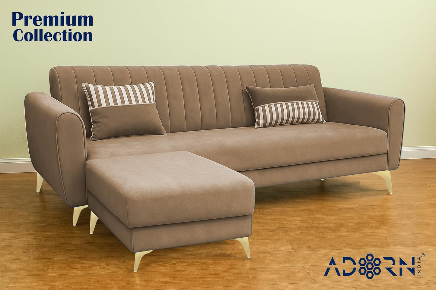 Adorn India Premium Luster 4 Seater L Shape Sofa Set | Velvet Suede Fabric | 3-Year Warranty | Color Camel with Golden Legs & Striped Pattern Cushion