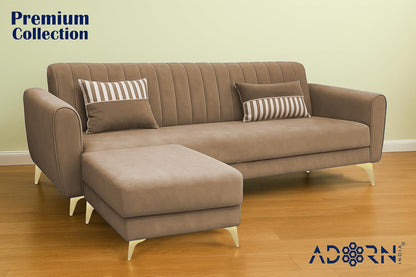 Adorn India Premium Luster 4 Seater L Shape Sofa Set | Velvet Suede Fabric | 3-Year Warranty | Color Camel with Golden Legs & Striped Pattern Cushion