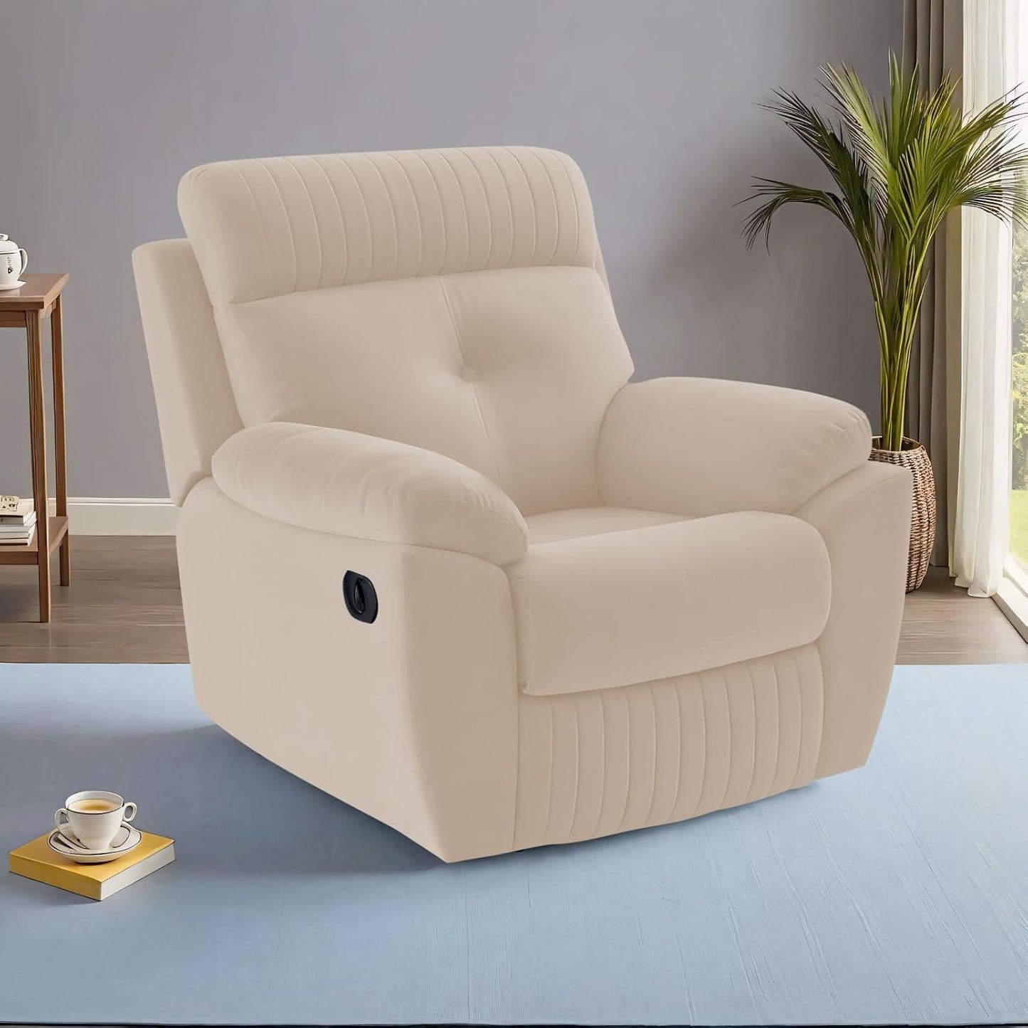 Adorn India Premium Majestic 1 Seater Recliner Manual Sofa Chair | Cream Suede Velvet Fabric | Soft Padded Back Rest & Handrest | Living Room Recliner Chair | 3 Years Warranty