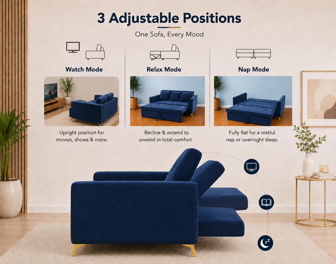 Adorn India Premium Mystic - 3 Years Warranty - 3 Seater Sofa Cum Bed Velvet Suede Fabric - Blue