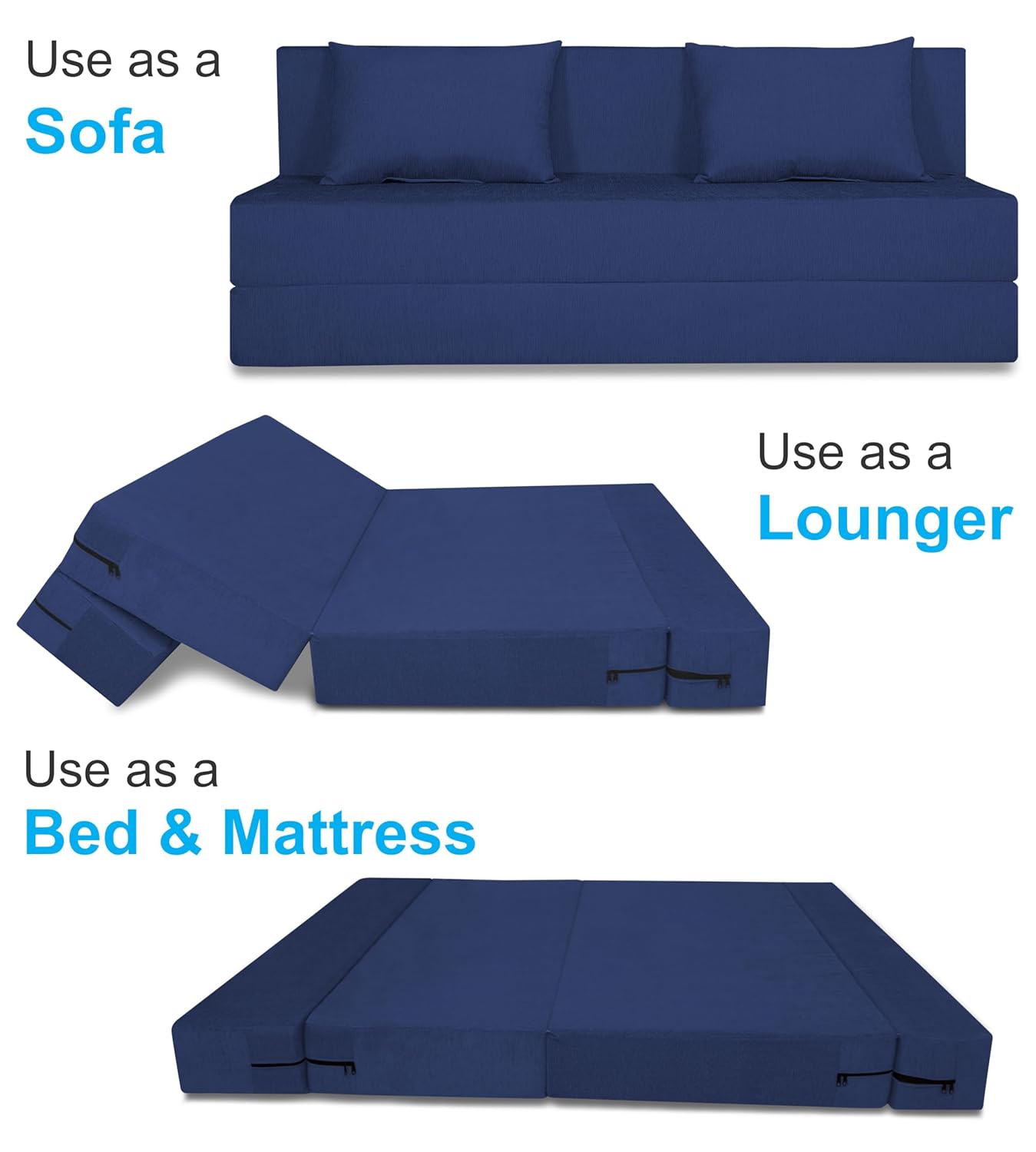 Adorn India Easy Three Seater Sofa Cum Bed Alyn 6'x 6' (Dark Blue)
