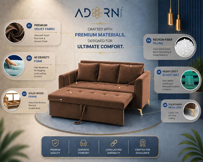 Adorn India Premium Mystic - 3 Years Warranty - 3 Seater Sofa Cum Bed Velvet Suede Fabric - Brown