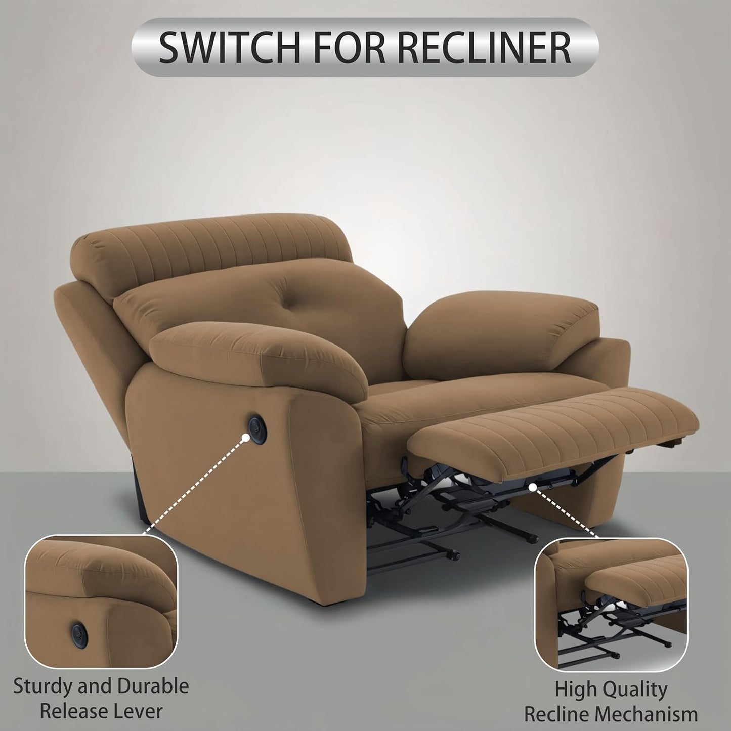 Adorn India Premium Majestic 1 Seater Recliner Manual Sofa Chair | Camel Suede Velvet Fabric | Soft Padded Back Rest & Handrest | Living Room Recliner Chair | 3 Years Warranty