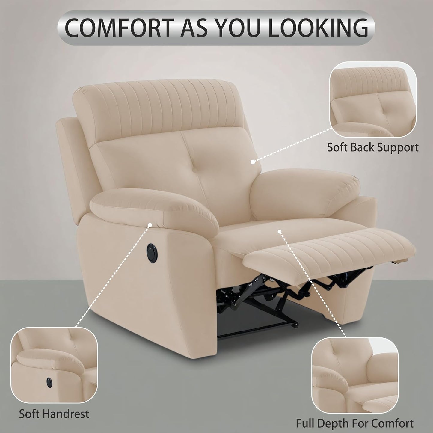 Adorn India Premium Majestic 1 Seater Recliner Manual Sofa Chair | Cream Suede Velvet Fabric | Soft Padded Back Rest & Handrest | Living Room Recliner Chair | 3 Years Warranty