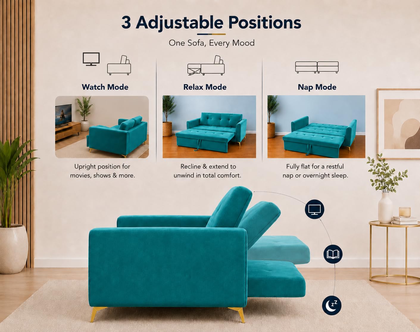 Adorn India Premium Mystic - 3 Years Warranty - 3 Seater Sofa Cum Bed Velvet Suede Fabric - Aqua Blue