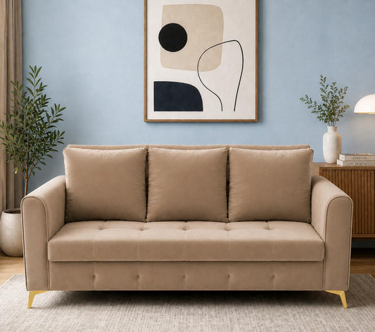 Adorn India Premium Mystic - 3 Years Warranty - 3 Seater Sofa Cum Bed Velvet Suede Fabric - Beige