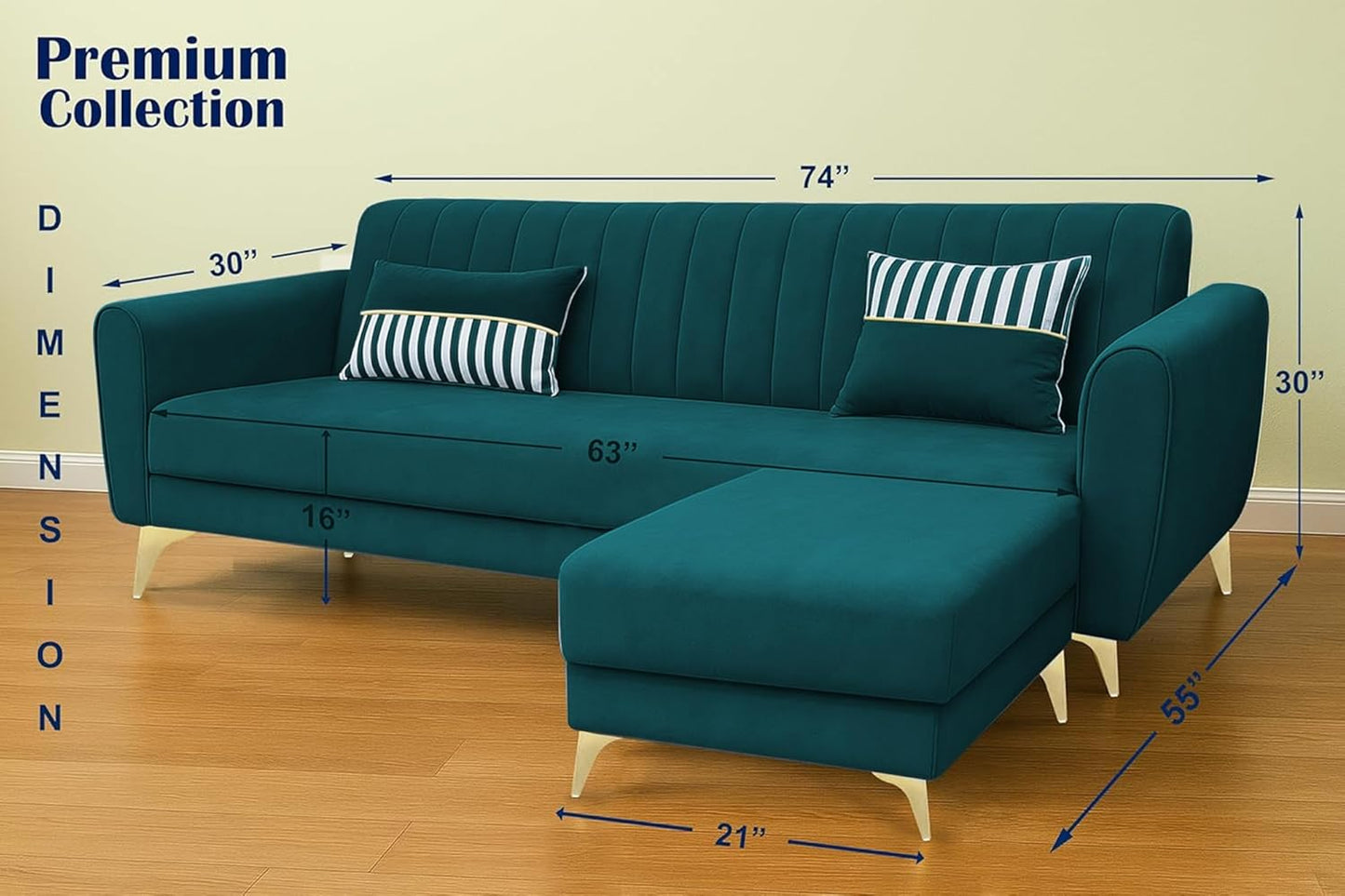 Adorn India Premium Luster 4 Seater L Shape Sofa Set | Velvet Suede Fabric | 3-Year Warranty | Color Ocean Blue with Golden Legs & Striped Pattern Cushion