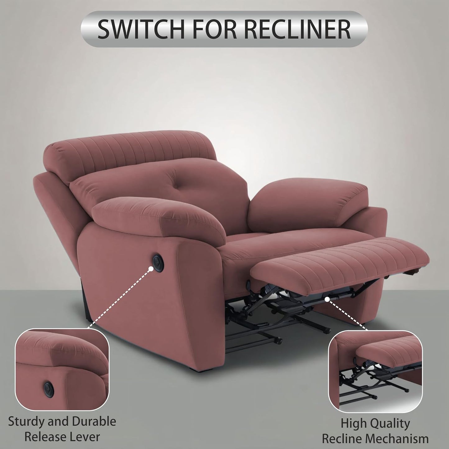 Adorn India Premium Majestic 1 Seater Recliner Manual Sofa Chair | Pink Suede Velvet Fabric | Soft Padded Back Rest & Handrest | Living Room Recliner Chair | 3 Years Warranty