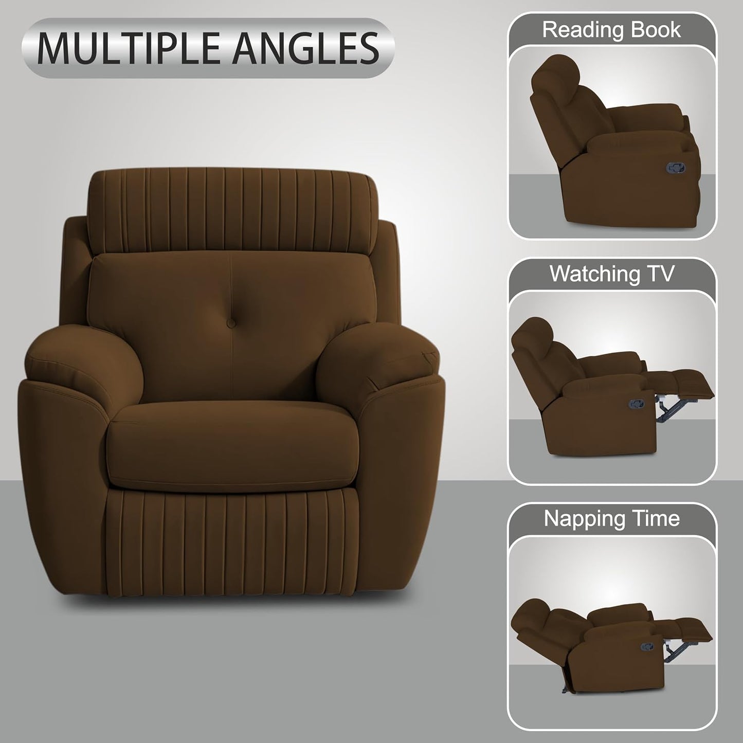 Adorn India Premium Majestic 1 Seater Recliner Manual Sofa Chair | Brown Suede Velvet Fabric | Soft Padded Back Rest & Handrest | Living Room Recliner Chair | 3 Years Warranty