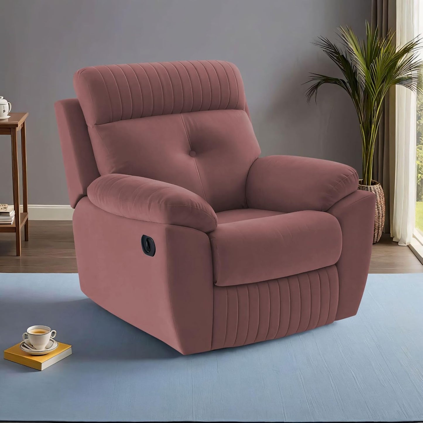 Adorn India Premium Majestic 1 Seater Recliner Manual Sofa Chair | Pink Suede Velvet Fabric | Soft Padded Back Rest & Handrest | Living Room Recliner Chair | 3 Years Warranty