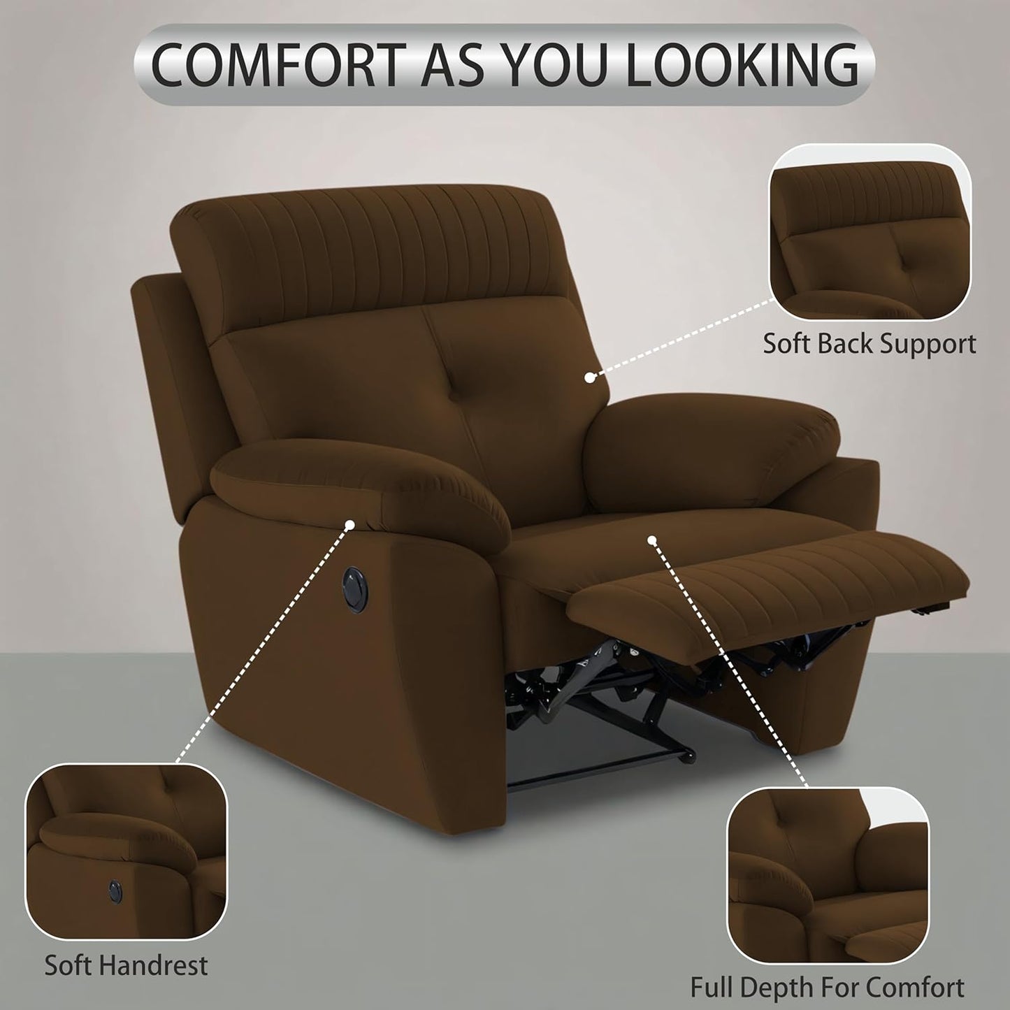 Adorn India Premium Majestic 1 Seater Recliner Manual Sofa Chair | Brown Suede Velvet Fabric | Soft Padded Back Rest & Handrest | Living Room Recliner Chair | 3 Years Warranty