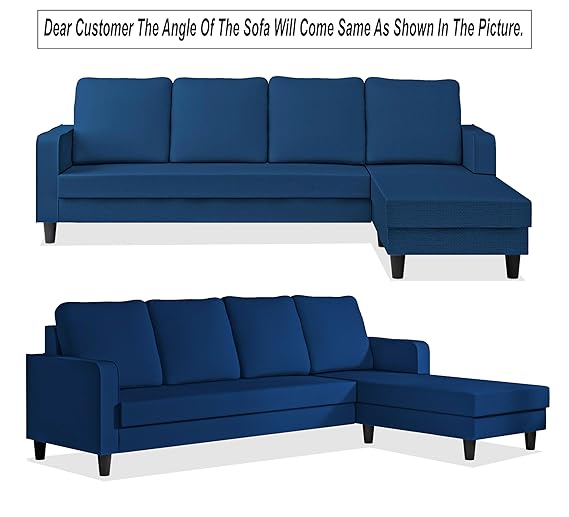 Adorn India Chandler Plain L Shape 5 Seater Sofa Set RHS (Blue) (3 Year Warranty)