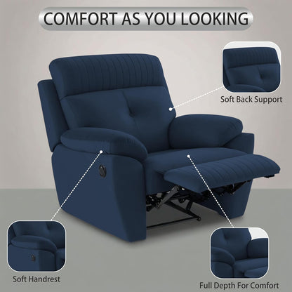 Adorn India Premium Majestic 1 Seater Recliner Manual Sofa Chair | Blue Suede Velvet Fabric | Soft Padded Back Rest & Handrest | Living Room Recliner Chair | 3 Years Warranty