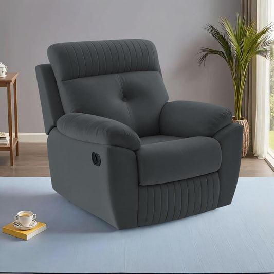 Adorn India Premium Majestic 1 Seater Recliner Manual Sofa Chair | Dark Grey Suede Velvet Fabric | Soft Padded Back Rest & Handrest | Living Room Recliner Chair | 3 Years Warranty