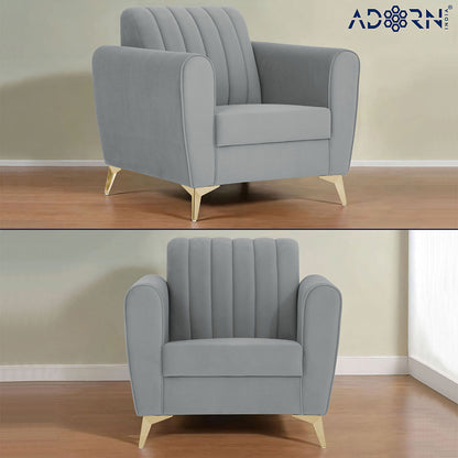 Adorn India Premium Luster 3+2+1 Sofa Set | Velvet Suede Fabric | 3-Year Warranty | Color Grey with Golden Legs & Striped Pattern Cushion