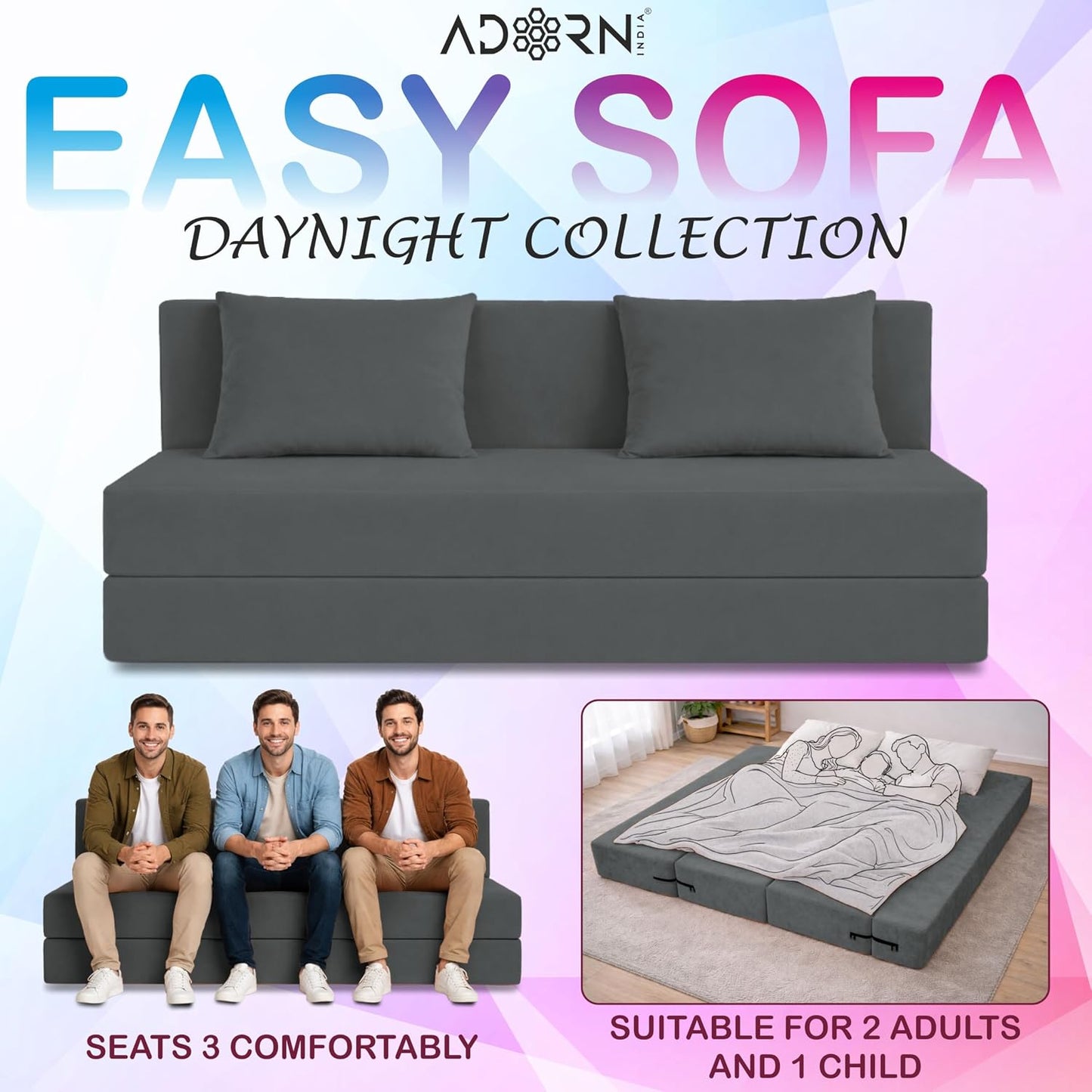 Adorn India Easy 3 Seater Sofa Cum Bed | Velvet Fabric | Dark Grey | Plain Design | 6x5 Ft | Comfortable Seating | Washable Cover | Perfect for Home & Office