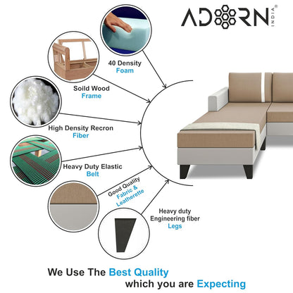 Adorn India Ashley Stripes Leatherette Fabric L Shape 5 Seater Sofa Set LHS (Beige & White) (3 Year Warranty)
