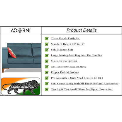 Adorn India Premium Pluto 3 Seater Sofa (Blue)