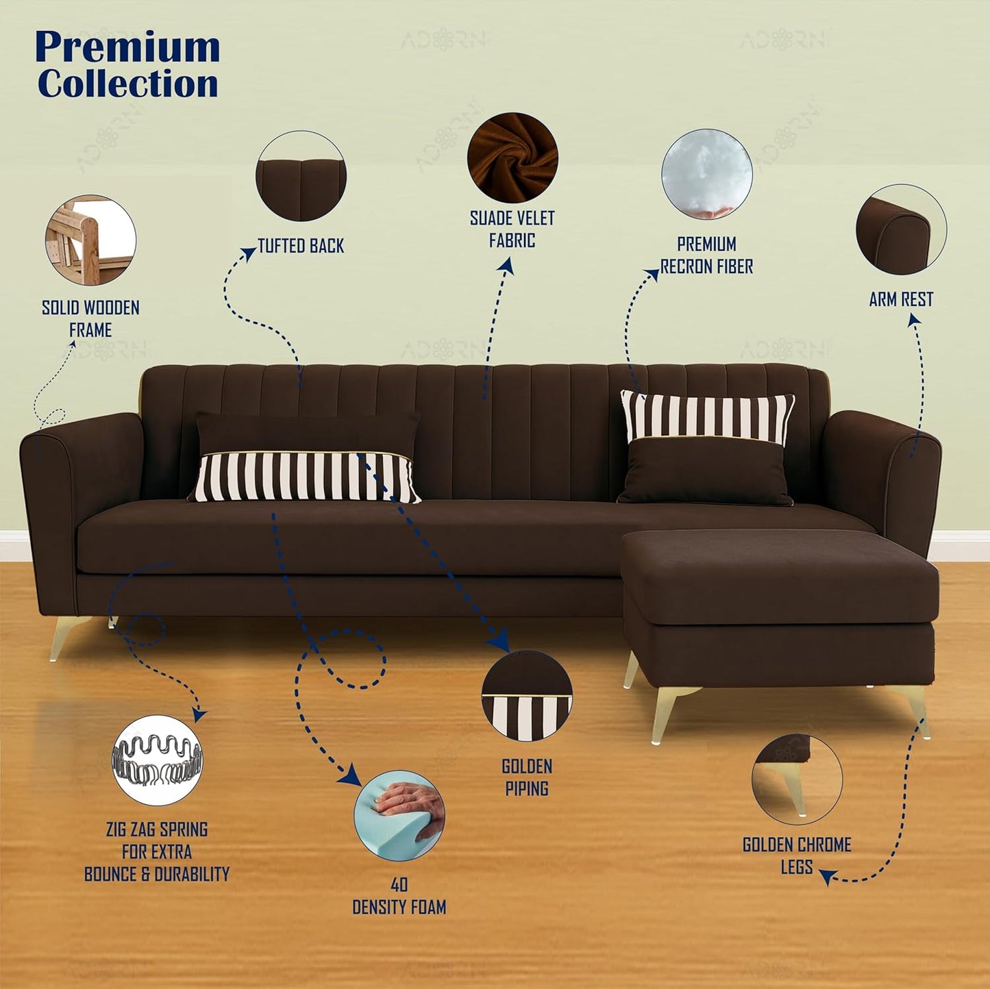 Adorn India Premium Luster 4 Seater L Shape Sofa Set | Velvet Suede Fabric | 3-Year Warranty | Color Grey Brown with Golden Legs & Striped Pattern Cushion