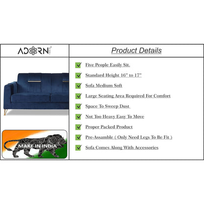 Adorn India Premium Benington 3-1-1 5 Seater Sofa Set (Velvet Fabric Colour Blue)