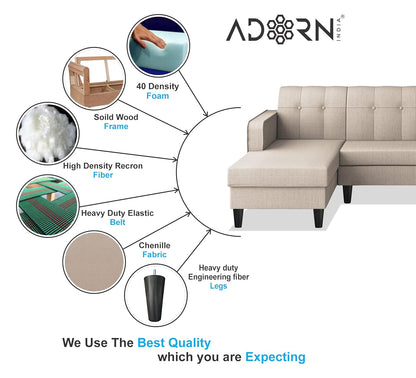 Adorn India Rio Elegant L Shape 8 Seater Sofa Set with Center Table and 2 Ottoman Puffy (LHS) (Beige) (3 Year Warranty)