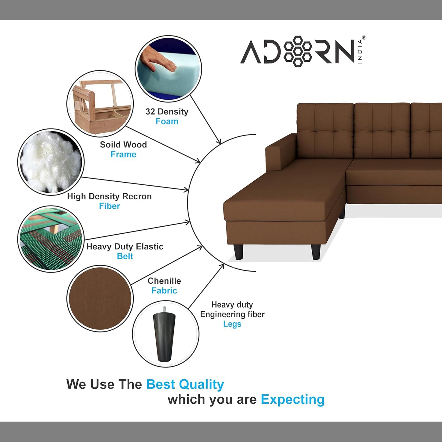 Adorn India Darcy L Shape 5 Seater Sofa Set (LHS) (Brown) (3 Year Warranty)