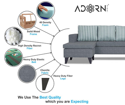 Adorn India Abington Stripes L Shape 5 Seater Sofa Set LHS (Grey) (3 Year Warranty)