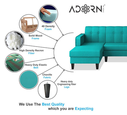 Adorn India Rio Elegant L Shape 8 Seater Sofa Set with Center Table and 2 Ottoman Puffy (LHS) (Aqua Blue) (3 Year Warranty)