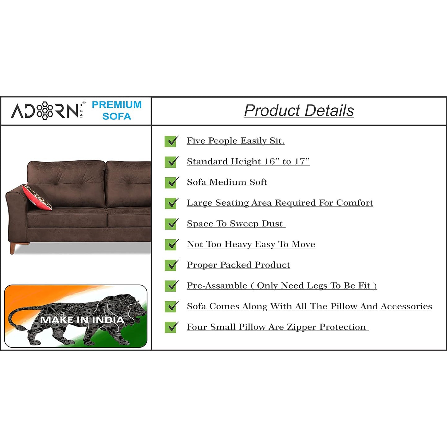 Adorn India Premium Aslaug 3-1-1 Sofa Set (Leatherette Suede Fabric Colour Brown)