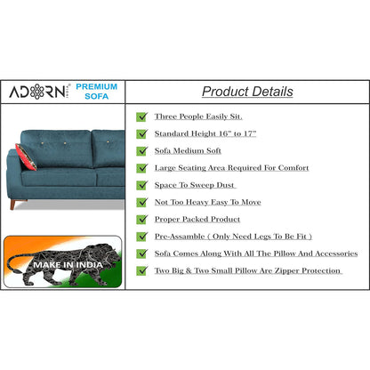 Adorn India Premium Phoenix 3 Seater Sofa (Leatherette Suede Fabric Colour Blue)