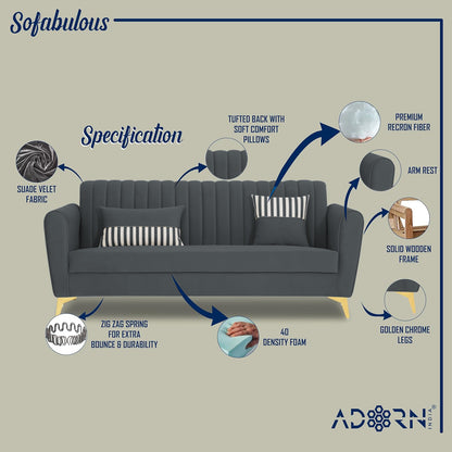 Adorn India Premium Luster 3-1-1 Sofa Set | Velvet Suede Fabric | 3-Year Warranty | Color Dark Grey with Golden Legs & Striped Pattern Cushion