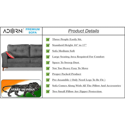 Adorn India Premium Aslaug 3 Seater Sofa (Leatherette Suede Fabric Colour Grey)