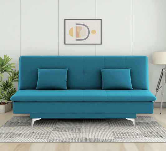 Adorn India Premium New Aspen 3 Seater Sofa Cum Bed 4X6 Velvet Suede with 2 Cushions (Color Aqua Blue) and Suitable for All Indoor, with 3 Years Warranty