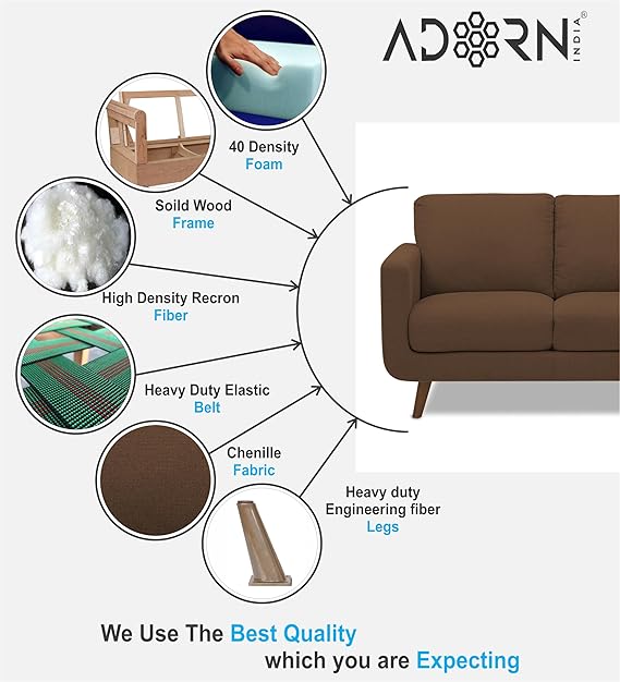 Adorn India Damian 3 Seater Sofa (Brown) (3 Year Warranty)