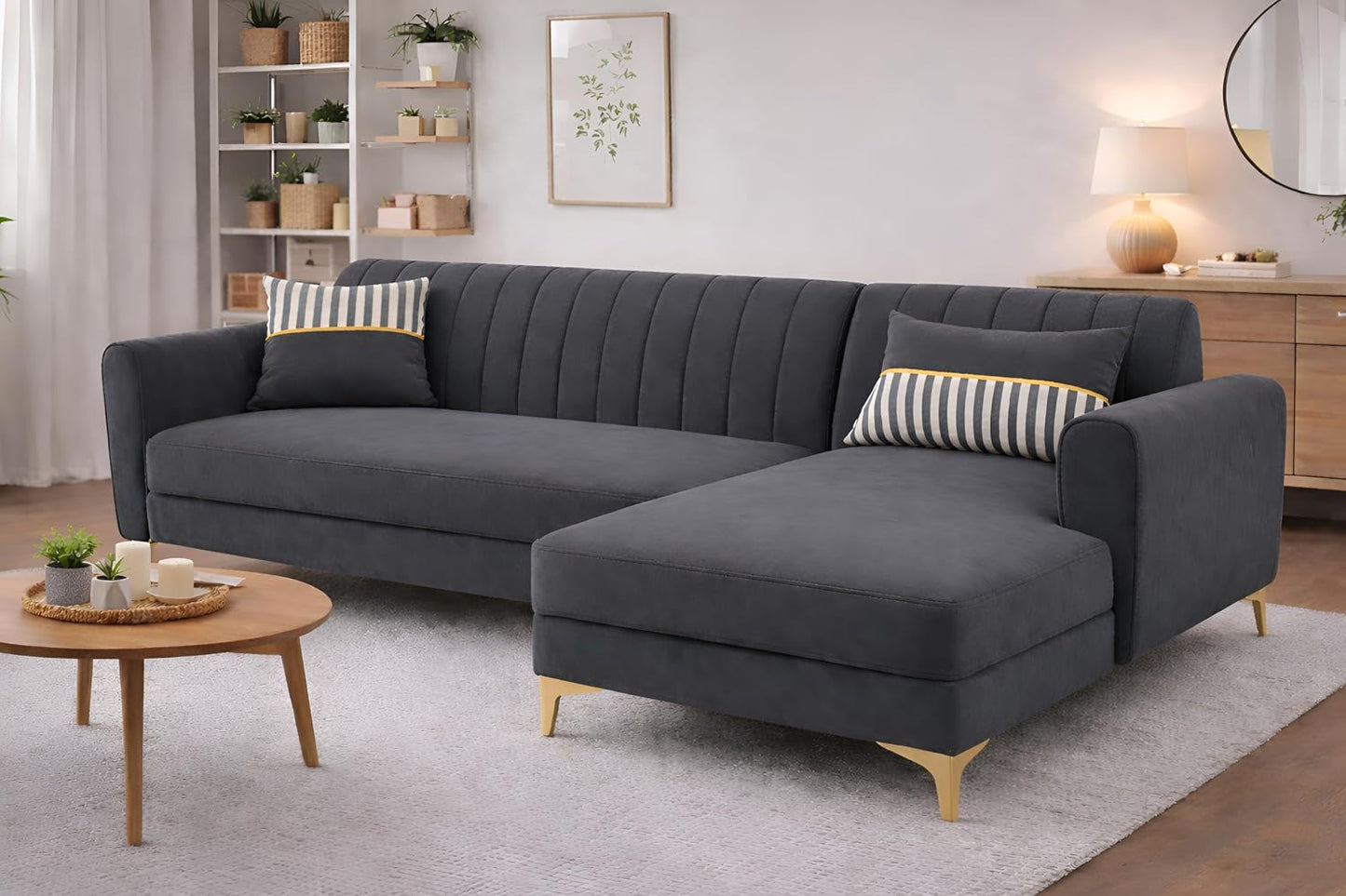 Adorn India Premium Luster 6 Seater L Shape Sofa Set | Velvet Suede Fabric | 3-Year Warranty | RHS |Color Dark Grey with Golden Legs & Striped Pattern Cushion