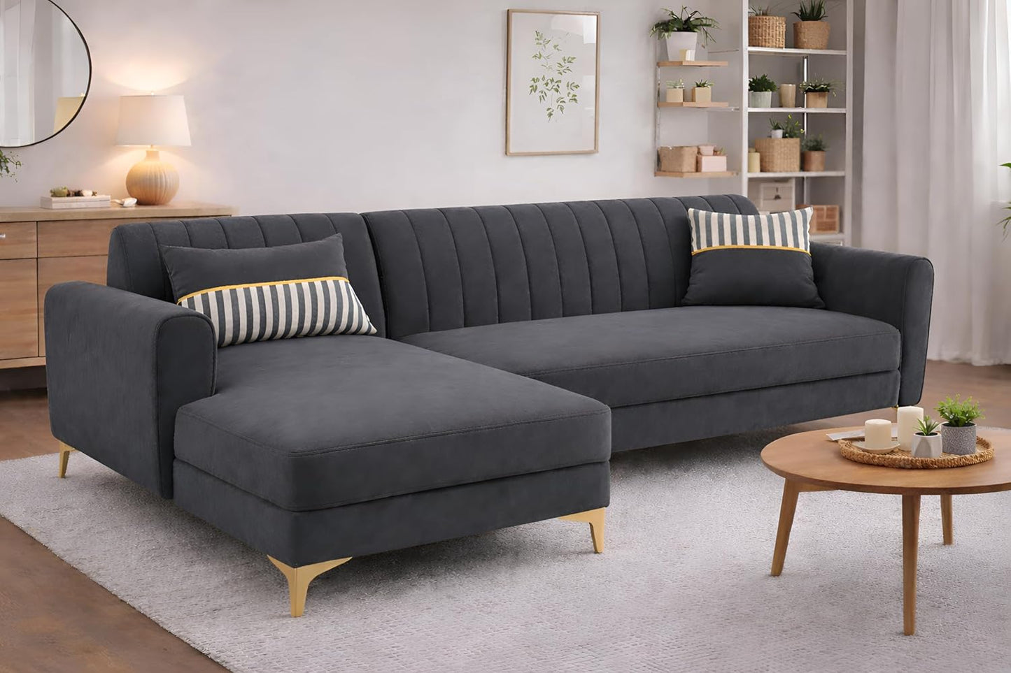 Adorn India Premium Luster 6 Seater L Shape Sofa Set | Velvet Suede Fabric | 3-Year Warranty | LHS |Color Dark Grey with Golden Legs & Striped Pattern Cushion