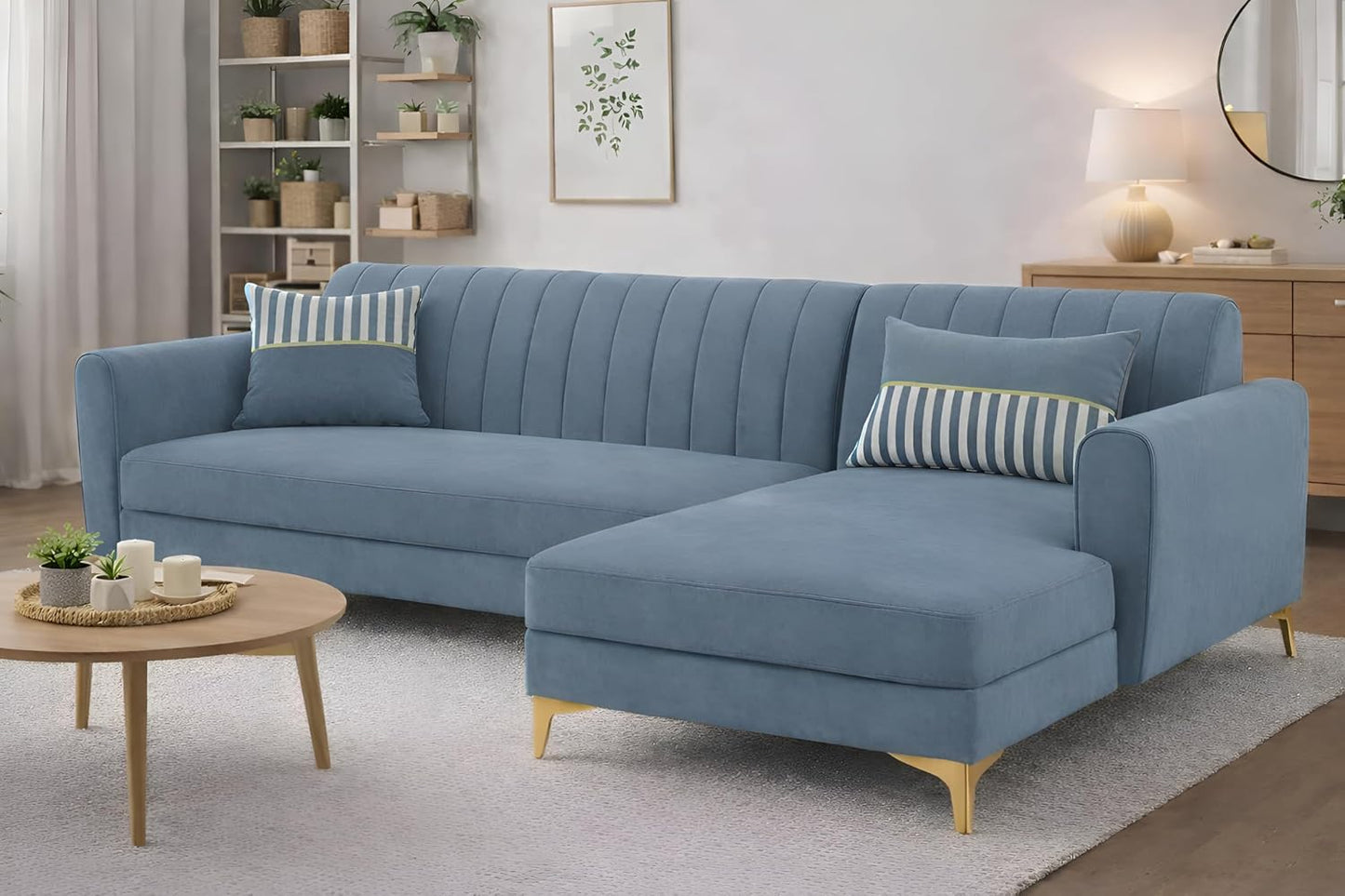 Adorn India Premium Luster 6 Seater L Shape Sofa Set | Velvet Suede Fabric | 3-Year Warranty | RHS |Color Grey with Golden Legs & Striped Pattern Cushion