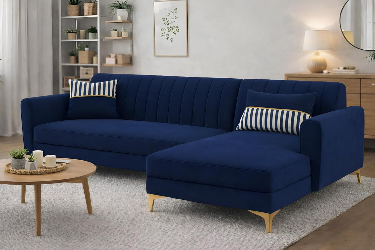 Adorn India Premium Luster 6 Seater L Shape Sofa Set | Velvet Suede Fabric | 3-Year Warranty | RHS |Color Blue with Golden Legs & Striped Pattern Cushion
