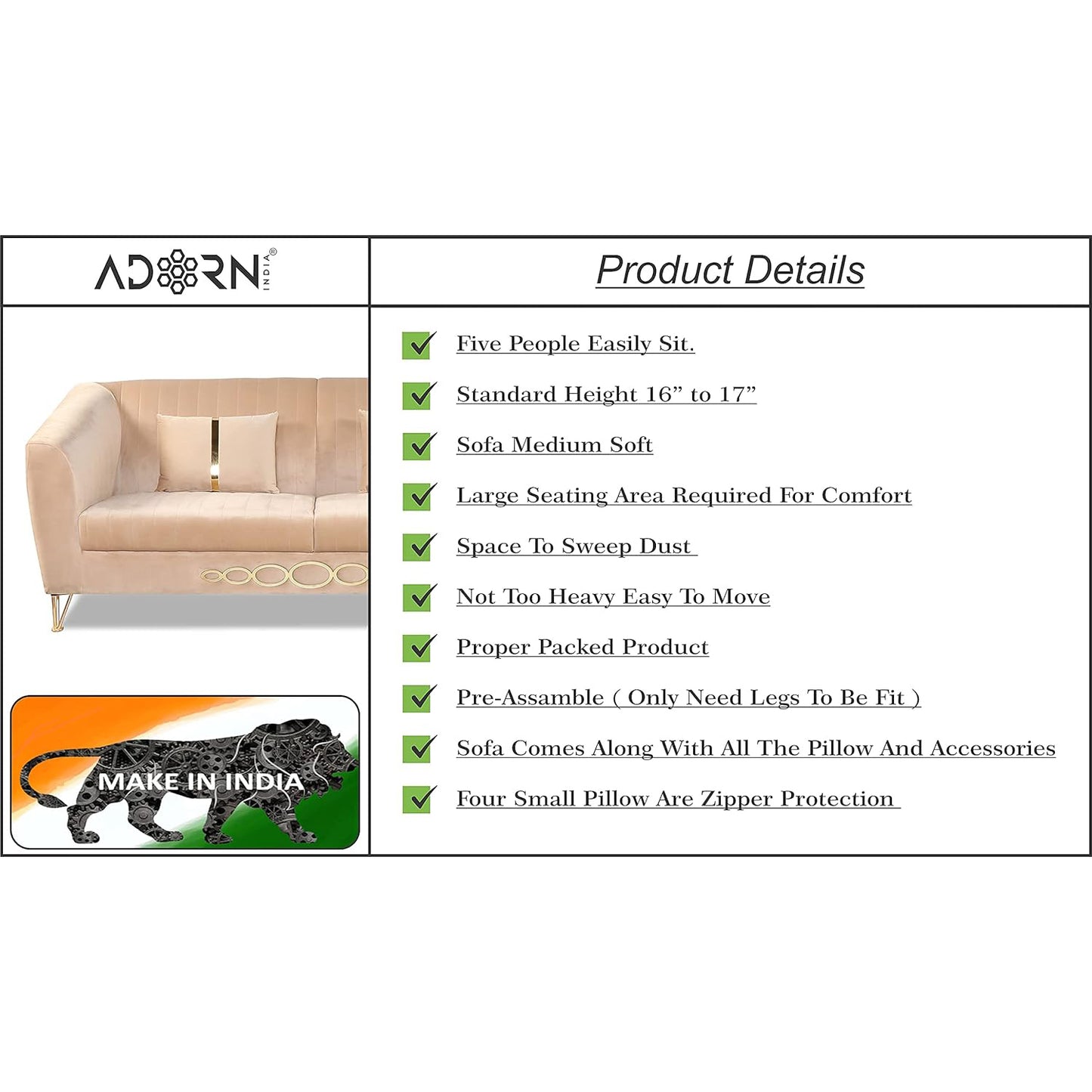 Adorn India Premium Camilla 3-1-1 5 Seater Sofa Set (Velvet Fabric Colour Beige)