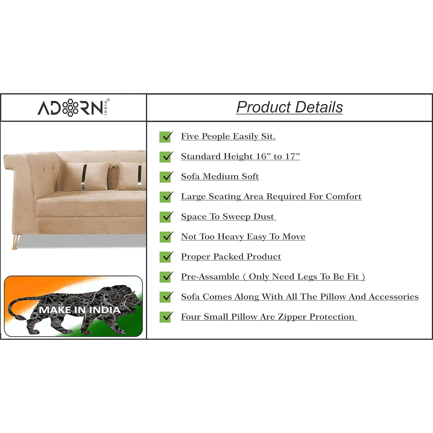 Adorn India Premium Raygan L Shape 6 Seater Sofa Set Right Side (Velvet Fabric Colour Beige)