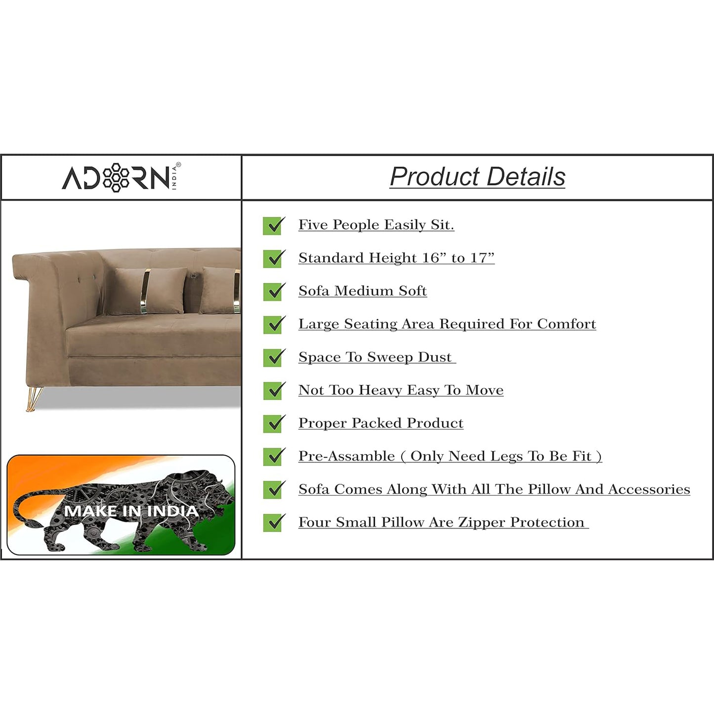Adorn India Premium Raygan L Shape 6 Seater Sofa Set Right Side (Velvet Fabric Colour Camel)