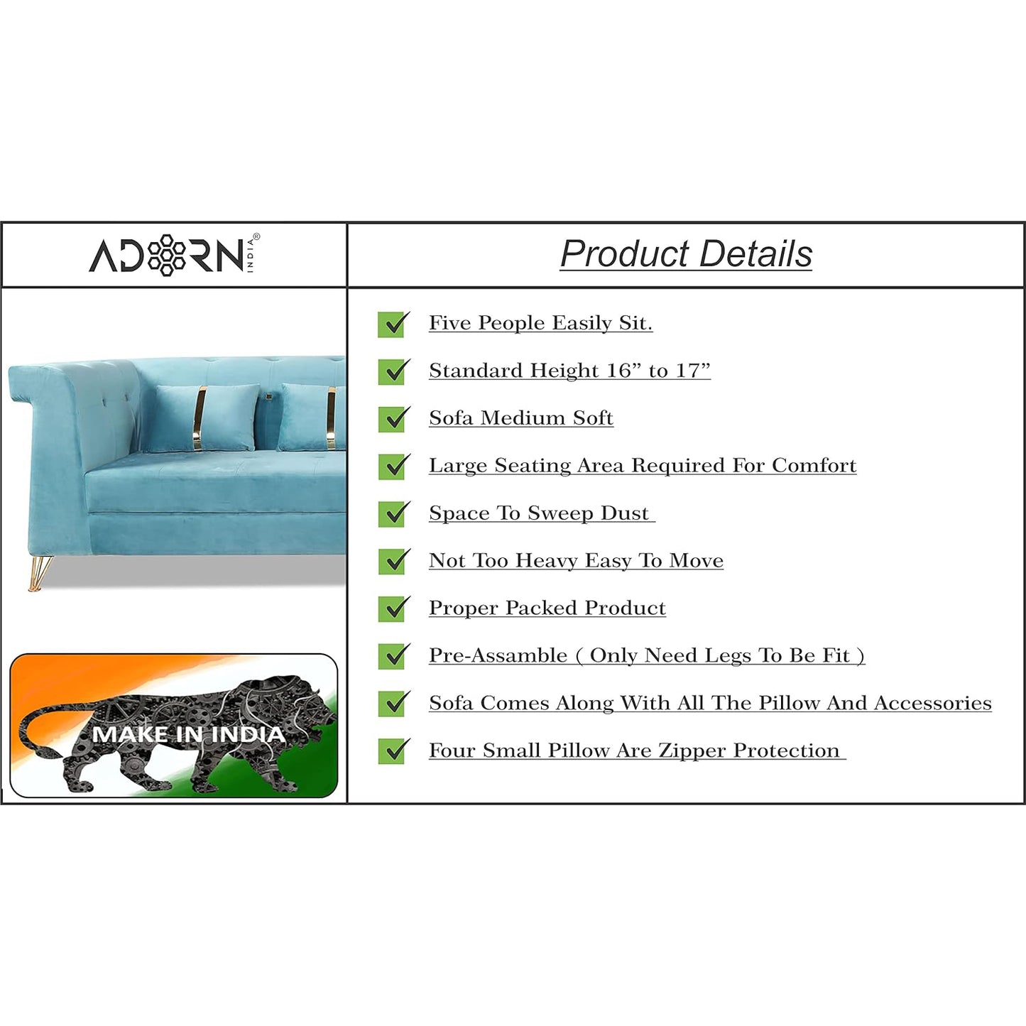 Adorn India Premium Raygan L Shape 6 Seater Sofa Set Right Side (Velvet Fabric Colour Aqua Blue)