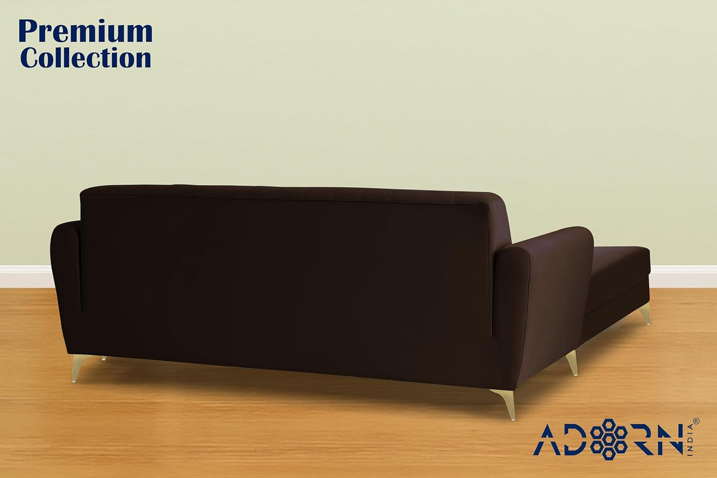 Adorn India Premium Luster 4 Seater L Shape Sofa Set | Velvet Suede Fabric | 3-Year Warranty | Color Grey Brown with Golden Legs & Striped Pattern Cushion